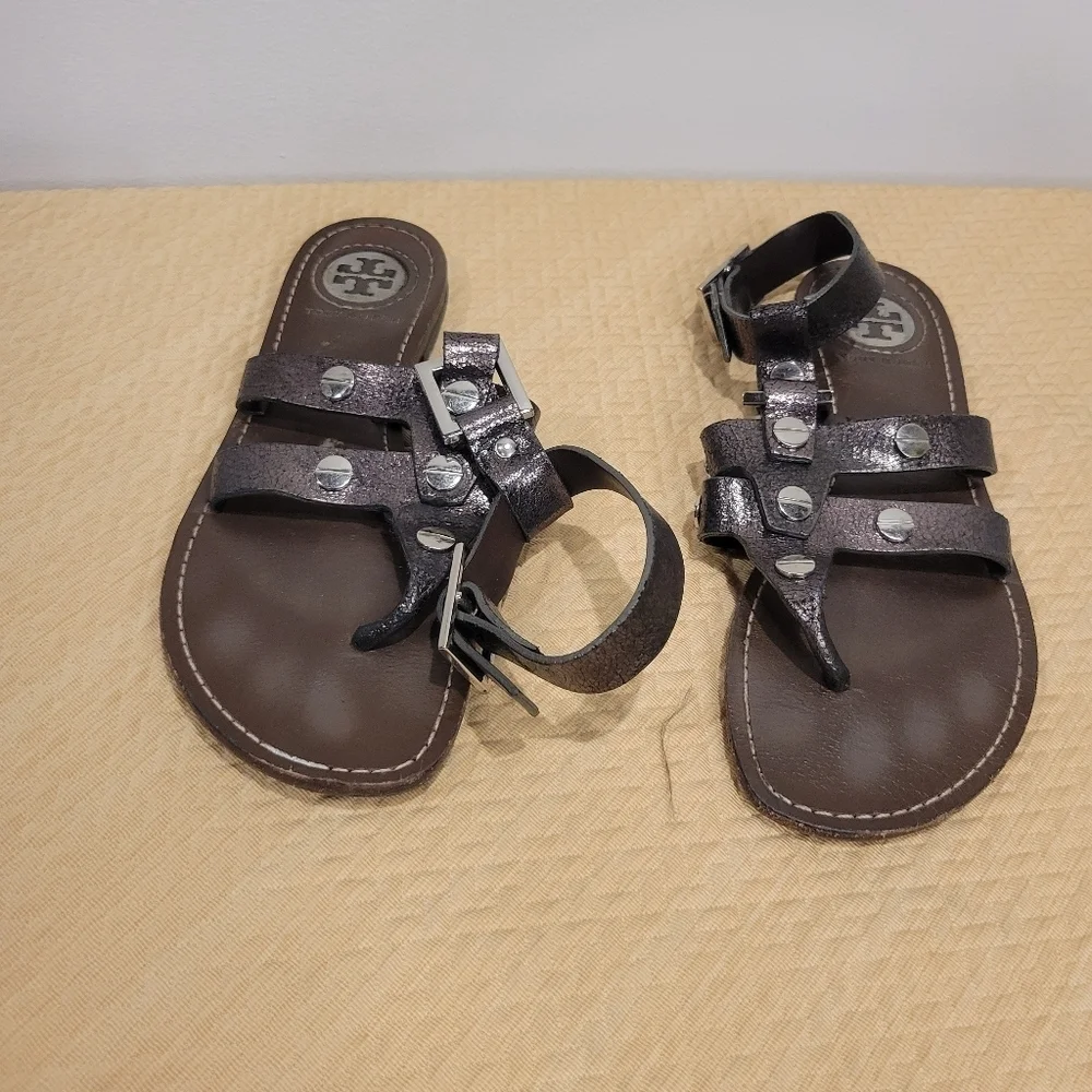 Tory Burch Size 6m Briza Metallic Leather Sandals FLAWED